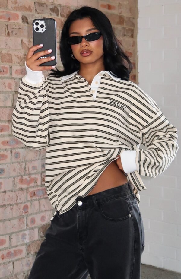 Out Again Long Sleeve Rugby Shirt Cream/Olive Stripe